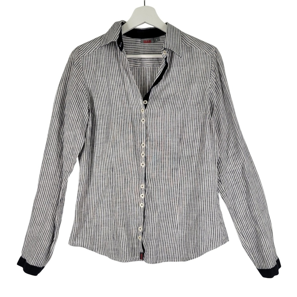 SLAM Sailing Shirts 100% Linen Button Up‎ Shirt Women Large Stripe Blue White
